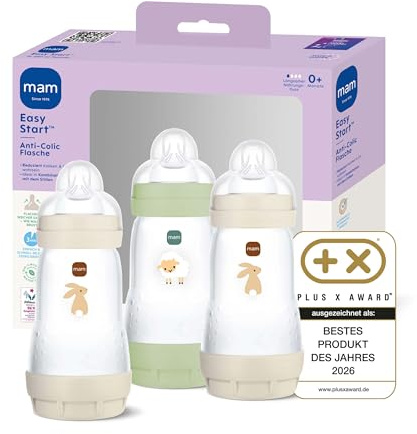 MAM Easy Start Anti-Colic Babyflasche | 0+ Monate | Testsieger | Milchflasche für Neugeborene | Weniger Koliken | stillfreundliche Baby Trinkflasche | Sauger Gr. 1 | 260ml | Katze/Schaf | 3 Stück
