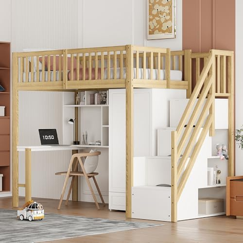 Rvjiahe Hochbett 90 x 200 mit großem Kleiderschrank Regal und Tisch, Stauraum Treppe Mehrzweckbetteinheit Holzbettgestell (Holzfarbe)