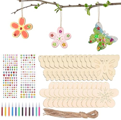 FIUTEKO Gör-det-själv pysselset i trä – 40 delar glitterklistermärken set kreativt set med fjärilar, blommor, pennor och glitterklistermärken – perfekt för familjetid, presenter och väggdekoration