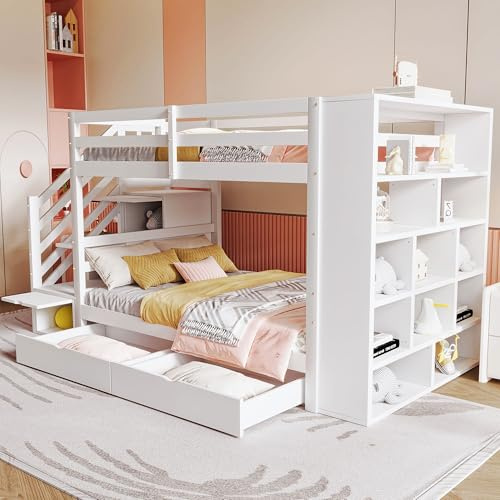 VIEKOS Letto a castello 90 x 200 cm, scala di sicurezza con vani portaoggetti, cassetti e grandi armadietti, struttura alta recinzione, rete a doghe, letto per bambini, letto per ragazzi, bianco