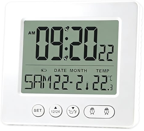Velozym Horloge Numérique Murale Radio-Pilotée avec Grand écran LCD, Affichage De la Température et de L'humidité, 7 Langues, Double Alarme, Fonction Veille, Alimentation par Piles Blanc Moderne