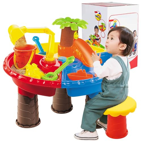 Obelunrp Toddler Water Table Sand Table 4-in-1 Sand and Water Play Kids 17.7x.13.8'' with Play Accessories Sandbox for Outdoor Activity Round Shape, Décoration de jardin