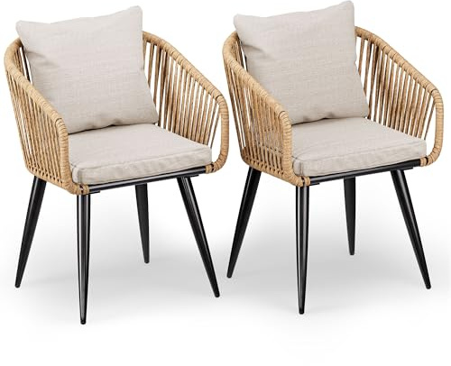 di volio Gartenstuhl NEMI Polyrattan - 2er Set, Rattan Stühle Outdoor wetterfest, Gartensessel aus verzinktem Stahl mit Kissen (Beige)