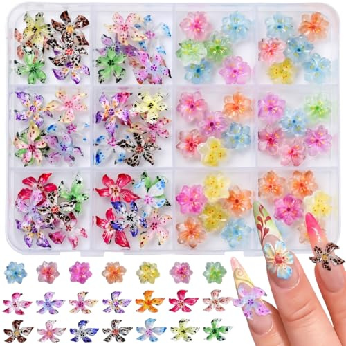 Aribliseza Strass pour Ongles, 72 pcs Charms & Pierres pour Nail Art, Strass Fleurs Hawaïennes 3D pour Ongles, Charms Floraux pour Ongles, Bijoux d’Ongles pour l’Été et le Printemps