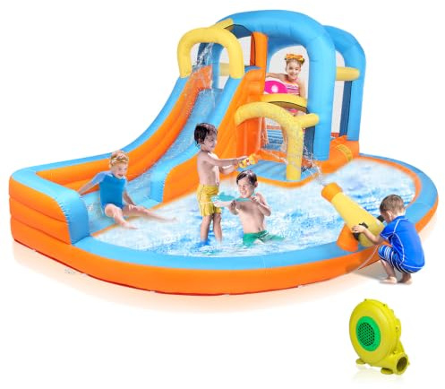 Bonnlo 6-in-1 Bouncy Castle with Large Water Slide, 550x295x225cm | Inflatable Bounce House, Splash Pool, Climbing Wall & Tunnel, Kids Bouncy Castle for Garden, Age 3-8 Years