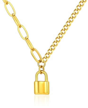 ChainsHouse Collier Long Ras du Cou pour Femmes, Chaîne Fine avec Pendentif Coeur/Cercle/Étoile/Serrure, Bijoux Collier Acier Inoxydable Femme Homme, Argenté/Doré/Noir