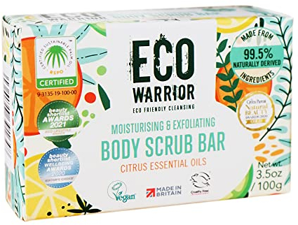 Eco Warrior Body Scrub Soap Bar | Eco Friendly, Natural Body Bar Soap Scrub | Vegan, Cruelty-Free, No SLS or Parabens | Nourishing and Gentle Exfoliating with Citrus Essential Oils and Oatmeal | 100g