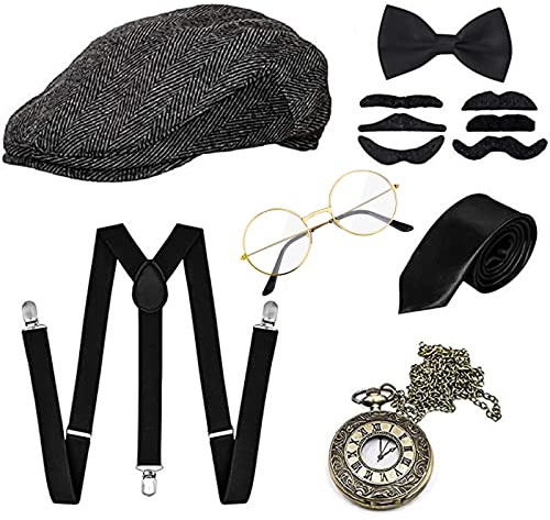 GOLDG Set di accessori da uomo Mafia Gatsby Gatsby 1920s con cappello Panama Gangster regolabile bretelle cravatte papillon orologio da taschino per sigarette (7 pezzi)