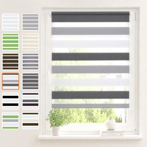 Vkele Doppelrollo Klemmfix ohne Bohren, Weiß Grau Anthrazit 75×130 cm (BxH)