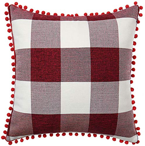 PiccoCasa 1 Pcs Buffalo Check Plaid Throw Pillow Cover with Pom Poms, 45 x 45cm, Retro Farmhouse Decorative Cushion Cover for Sofa Couch Bed Home Decor, Burgundy Beige Red