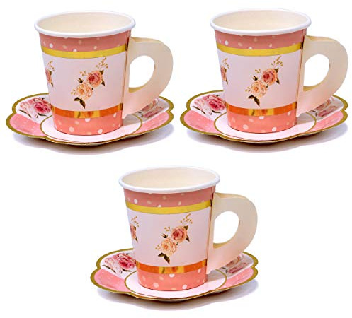 Gift Boutique 36 Paper Tea Cups with Handles and 36 Floral Shaped Saucers Disposable Teacup Set for Kids Adults Birthday Baby Bridal Shower Tea Party