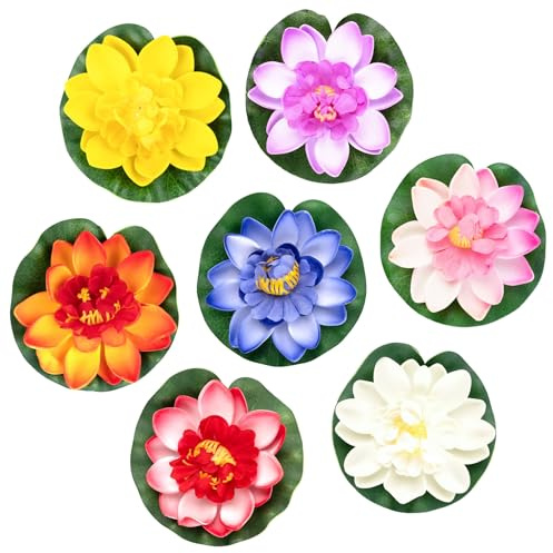 AUEAR, 7 Pack Artificial Floating Foam Lotus Flowers Water Lily Pond Plants Home Garden Decoration 4 Dia