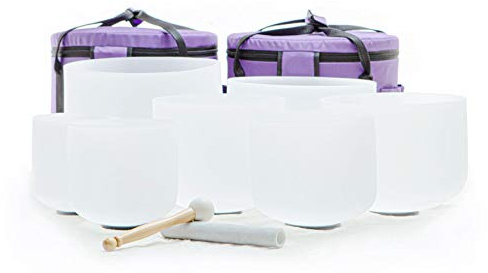 Leize Quarzkristall Klangschalen Set - 15,2-30,5 cm, 7 Stück, Chakra-Stimmung, 432 Hz - Mit Tragetaschen und Wildleder-Schlägel