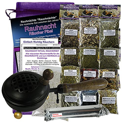 Naturheilmittel Heilsteine Methusalem GmbH Neu-Ulm Räucherset zum räuchern mit Räuchergefäß, Räucherzubehör, Rauhnachtfibel, Salbei, Weihrauch, Myrrhe, Styrax uvm. [12x Räucherwerk]. 81900-16ST/3165G