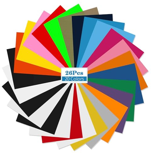 Asoway Flexfolie Plotter Textil 26Pcs, Heat Transfer Vinyl Plotterfolie Textil, 20 Farben Vinylfolie Plotter mit one Teflon sheet für DIY T-Shirt, Kleidung, Hüte oder andere Stoffe