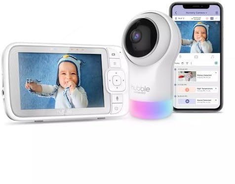 Hubble Nursery Pal Glow+ 5 Inch Video Baby Monitor with Night Light, Remote Pan, Tilt and Zoom, Room Temperature Sensor, Private and Secure Wi-Fi Connection - White