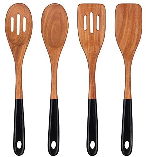 14 Inch Long Handle Wooden Spoons for Cooking Spatula Wood Utensils Set Slotted Spoon Kitchen Turner Wok Spatula Best Large Mixing Utensil Stirring Serving Spoons