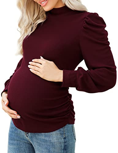 KOJOOIN Damen Umstandsshirt Langarm Umstandsbluse Rollkragen Umstandsmode mit Seite Geraffen Weinrot L
