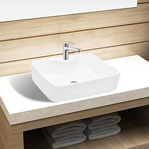 Mogou Lavandino Lavandino da Bagno Lavabo Lavandino Bagno da Appoggio Lavandino da Bagno Lavandino Bagno in Ceramica Bianca Quadrato con Foro per Rubinetto