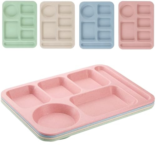 4Pcs Unbreakable Divided Plate,14inch Reusable Plastic Lunch Trays With 6 Compartments,Large Portion Control Plate Serving Meal Plate for Adults,Microwave & Dishwasher Safe For Daily Use,4Colors