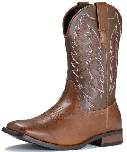 IUV Cowboy Boots For Men Western Boot Durable Classic Embroidered Square Toe Traditional Boots
