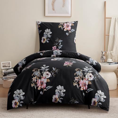 RUIKASI Bettwäsche 155x220 2 teilig Schwarz - Bettbezug 155 x 220 Set mit Blumen Muster, Bettwäsche-Sets 155x220cm aus Mikrofaser mit Reißverschluss Weich und Bügelfrei