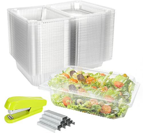 SENENQU Lot de 100 Barquette Alimentaire Jetable 750ml, 22×14×7.5 CM Barquette Plastique avec Couvercle, Boite Plastique Alimentaire Jetable Avec Agrafeuse et 1000 Agrafes