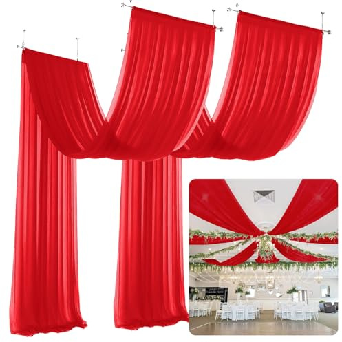ROMANKAS Red Ceiling Drapes for Weddings 5x10 FT 6 Panels Chiffon Fabric Drapery for Ceremony Swag Decorations Sheer Ceiling Draping Wedding Arch Drape Fabric for Stage Reception Tent Ceiling Drapes