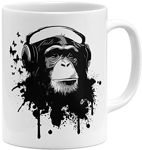 OM3® DJ-Ape Kaffee-Tasse mit Affe Monkey Headphones Music Chimpanzee - Keramik Becher - 11oz 325ml - Beidseitig Bedruckt - Weiss