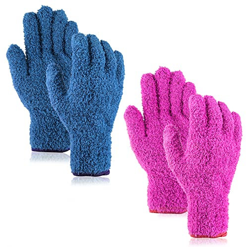 Sibba 4x Microfiber Dusting Cleaning Gloves Mittens Washable Reusable House Cleaning Kitchen Dust Removal Mitts Blinds Mirrors Furniture Garden Car Hard to Reach Corners Gap (Blue&Rose Red)