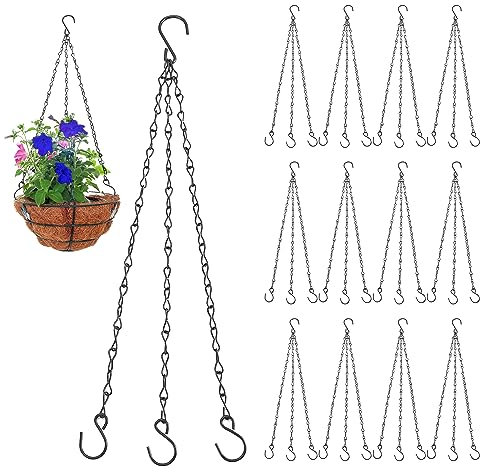 YEUIKERR 12 Pcs 15.7 inch Hanging Basket Chain with Hooks, Flower Pot Chains with Hooks 3Point Replacement Chain for Hanging Basket,Planters,Bird Feeders,Lanterns(Black)