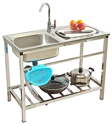 Camping Spüle Mit Wasserhahn,Freistehende Küche Spülbecken Mit Werkbank Und Heiß-Kaltwasserhahn,Edelstahl Multifunktionswaschtisch,Waschbecken Ausgussbecken Mit Ständer,Outdoor Spüle Mit Werkbank (Si