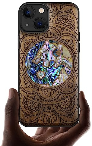 Carveit Bois Étui pour iPhone 13, (Noyer-Coquille Loup) | Magnétique Coque, Bois et Incrustation de Coquille de Téléphone Compatible Magsafe Avec iPhone 13 Étui