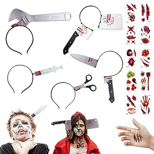 Goujfol halloween messer im kopf, halloween Accessoires Blutige Plastik Messer KüChenmesser Schere Spritze mit Scars Tattoo, Gruselige Horror Haarreif Dekorieren für Gruselkostüm Zombie