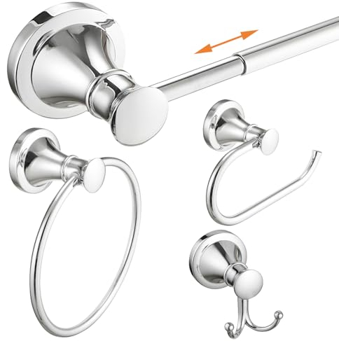 Hoimpro Chrom 4-teiliges Badezimmer-Bad-Set, Wandhalterung, Badezimmer-Hardware-Befestigung (verstellbarer Handtuchhalter, Handtuchringhalter, Papierhandtuchhalter, doppelter Handtuchhaken),