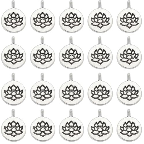 SUNNYCLUE 1 Box 50 Stück Runde Lotus- und Blumencharms Silbernes Metall Große Mini-Anhänger Für Yoga und Energie-Chakra-Zubehör