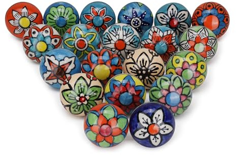 FURNISHFUL FINESSE Keramikknöpfe, Küchenschrank-Zuggriff, mehrfarbig, verschiedene Knäufe, Schrankknöpfe für Kommodenschubladen, Kleiderschränke, Boho-Raum, dekorative, bunte Möbelknöpfe, 20er-Pack