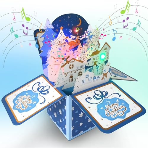 3D Weihnachtskarte Pop Up Weihnachtsbaum mit Lichtern und Musik,Grußkartenhalter Christmas Tree Pop Up Weihnachtskarte,LED Licht Weihnachten Karte für Kinder,Freundin und Familie (Musik)