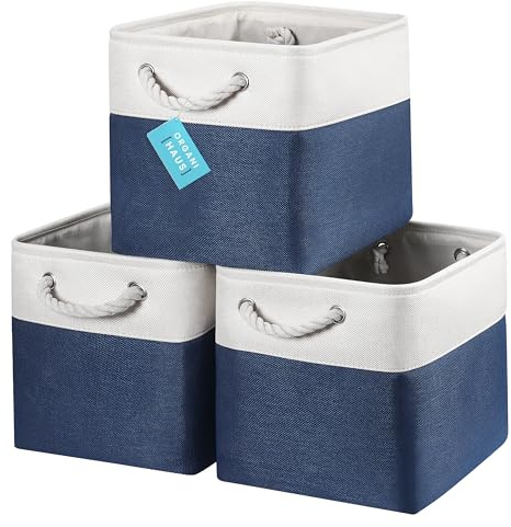 OrganiHaus Set di 3 Cubi Scatole Portaoggetti 28x28, Cestini Portaoggetti in Tessuto con Manici in Corda, Cubi Portaoggetti Pieghevoli per Libreria Kallax, Cestino per la Cameretta. Blu navy