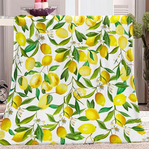 Quixora Kuscheldecke Gelb Zitrone Frucht GrüNe BläTter Flauschig Fleecedecke als Sofadecke Couchdecke Wohndecke Weiche & Warme Sofaüberwurf Decke 150 x 200 cm