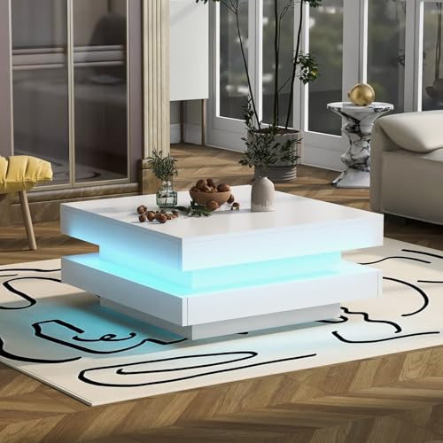 KOMHTOM Table basse blanche avec LED, table de salon moderne, table d'appoint carrée pour salon, chambre à coucher (Blanc)