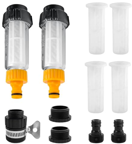 Wasserfilter Gartenschlauch, 2 Stück 3/4 Zoll Vorfilter Gartenpumpe mit 4 Filtereinsatz & 5 Schnelladapter, Wasser Vorfilter Wasserfilter Set für Hochdruckreiniger, Gartenpumpe, Wohnmobil