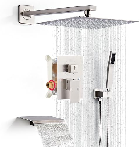 LCEVCGK Shower Faucet Set with Tub Spout, Brushed Nickel Rainfall Shower System Complete Wall Mounted for Bathroom with 10 Inch Square Shower Head and Handheld Shower Head Rain Mixer Combo Set