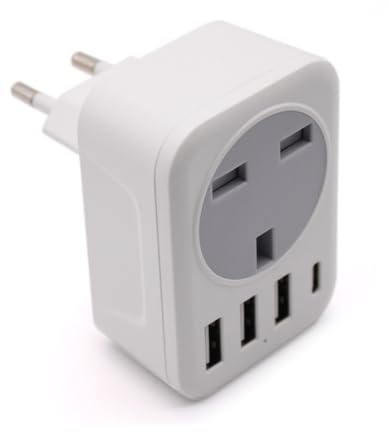 AJP 15W UK to European Plug Adapter 1 Way Grounded Europe Travel Charger with 3 USB & 1 USB C Ports, EU Plug Adaptor UK to EU for IPHONE/IPAD/IPOD/Samsung Galaxy Tab/HTC/Windows Phone/Tablet etc