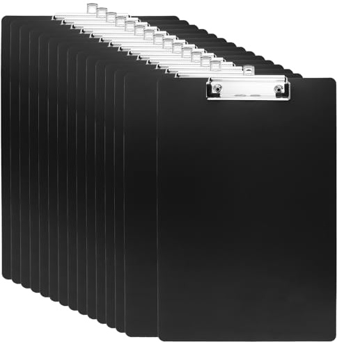 SINJEUN Lot de 15 planchettes à pince A4 en plastique noir de 22,5 x 31,5 cm avec pince en métal et trou de suspension, planches de classement pour écrire et peindre