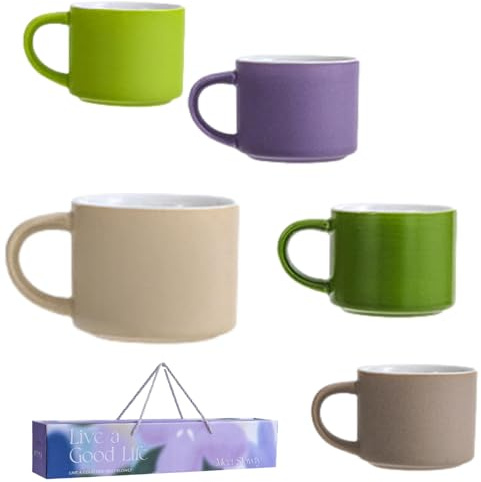ETUCYNG Juego de tazas de cerámica, juego de 5 tazas de café de color mate, juego de tazas de café moderno, vasos divertidos para beber, tazas de viaje con asa para té/latte/capuchino/leche/