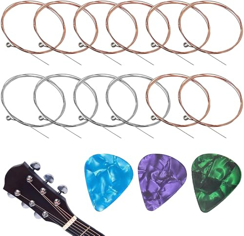 Cuerdas de guitarra acústica, 12 púas de acero acústico y 3 púas de guitarra, cuerdas artesanales de repuesto adecuadas para guitarras acústicas y semiacústicas