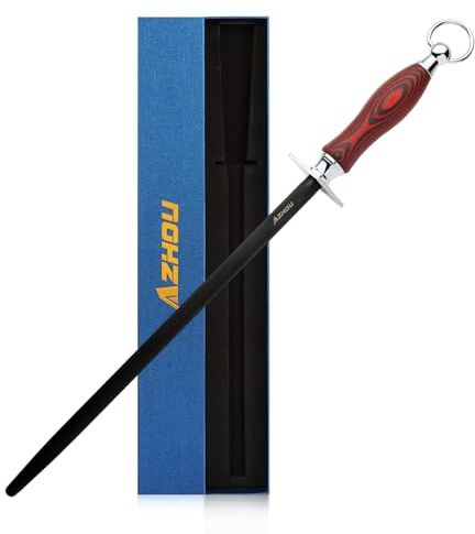 Azhou 12 Inch Superfine Sharpening Steel for Knives, HRC 66±1 German Carbon Steel Knife Sharpener with Oxidation-Treated, Knife Sharpening Rod with Wooden Handle, Professional Honer Rod | German Carbon Steel (HRC 66±1), Fine 300 Grit for Kitchen & Chef Knives, Non-Slip Wooden Handle, Gift Box