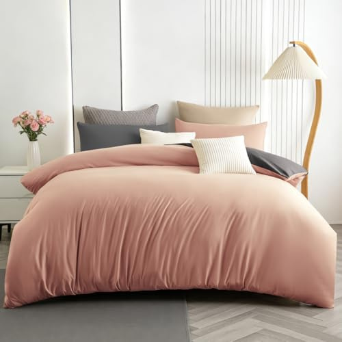 Soifox King Size Duvet Cover Sets Pink and Dark Grey, 3 Piece Microfiber Reversible King size Bedding Bed Sets, Soft and Non Iron Quilt Duvet Covers with 2 Pillowcases 50x75cm