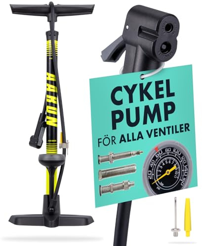 AARON Sport One cykelpump med manometer för alla ventiler | högtryckcykelpump inkl. bollfäste | luftpump för elcykel, mountainbike, racercykel UVM. Gul